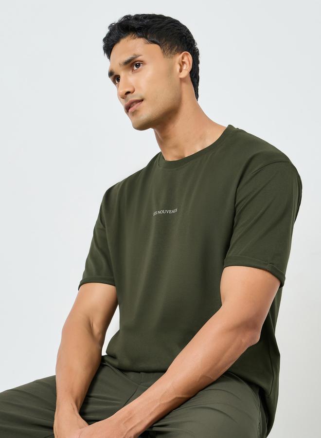 Styli Men Olive Green Slogan Print Oversized T-Shirt - Image 5